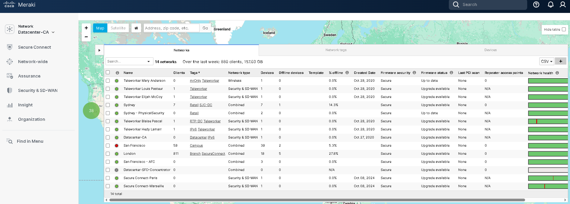 Cisco Meraki dashboard multi-site view